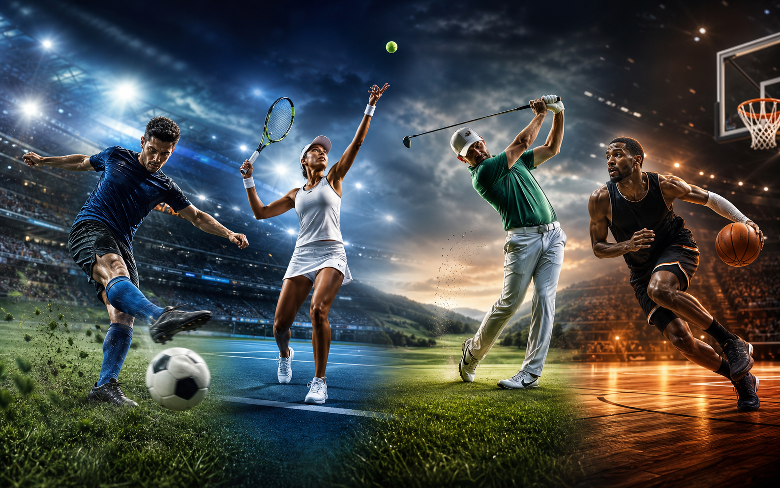 Football, tennis, golf and basketball sports action